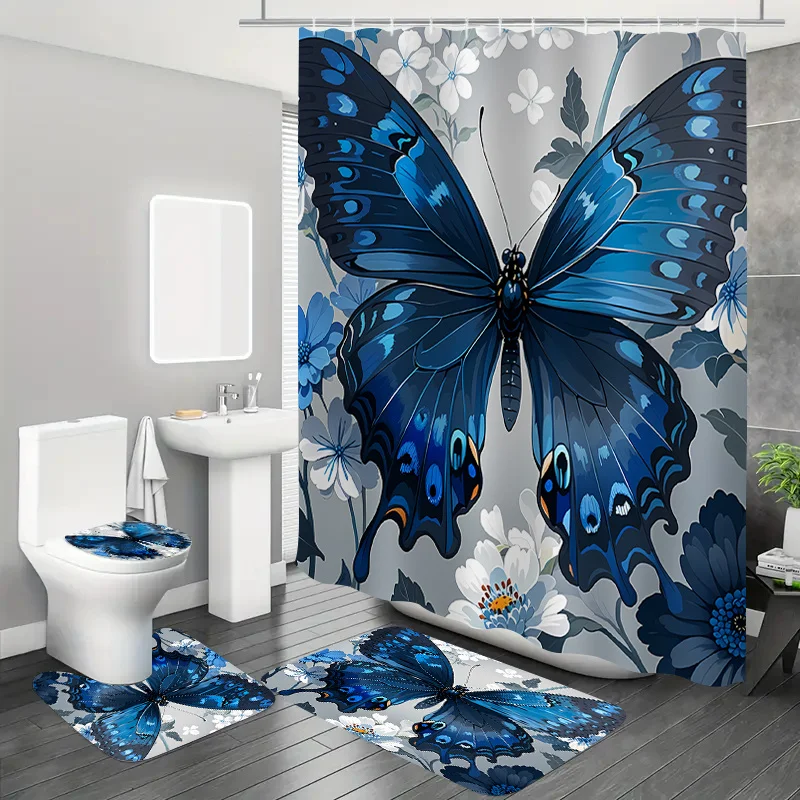 

Набор для ванной комнаты из 4 предметов с синим узором бабочки и крючками — полиэстер, цветочный узор, коврик для ванной, сиденье для унитаза и U-образный коврик