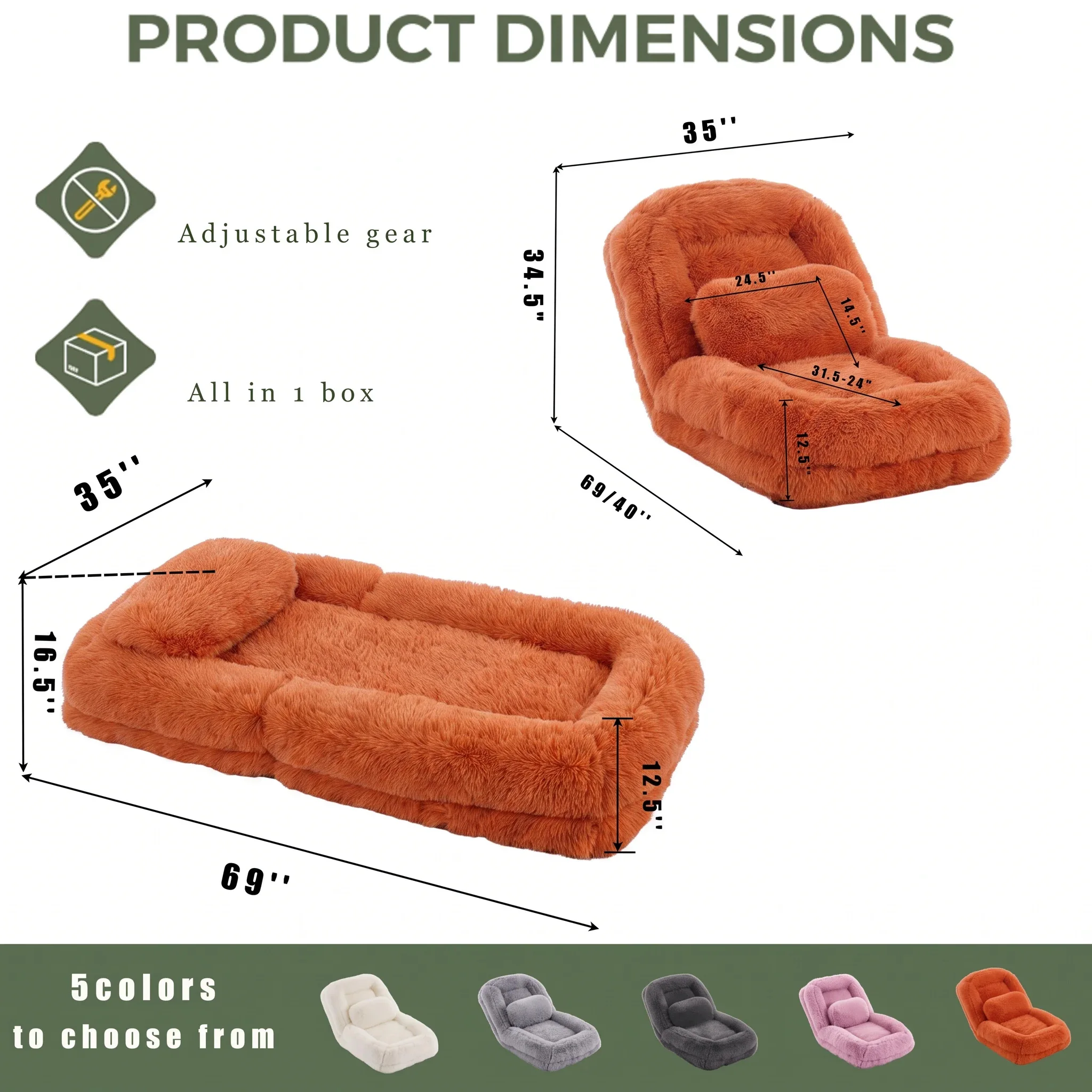69-inch Plush Fabric Sofa With 5 Adjustable Multi-functional Settings Suitable For Bedrooms and Living Rooms Ideal For Gaming Meditation and Relaxation