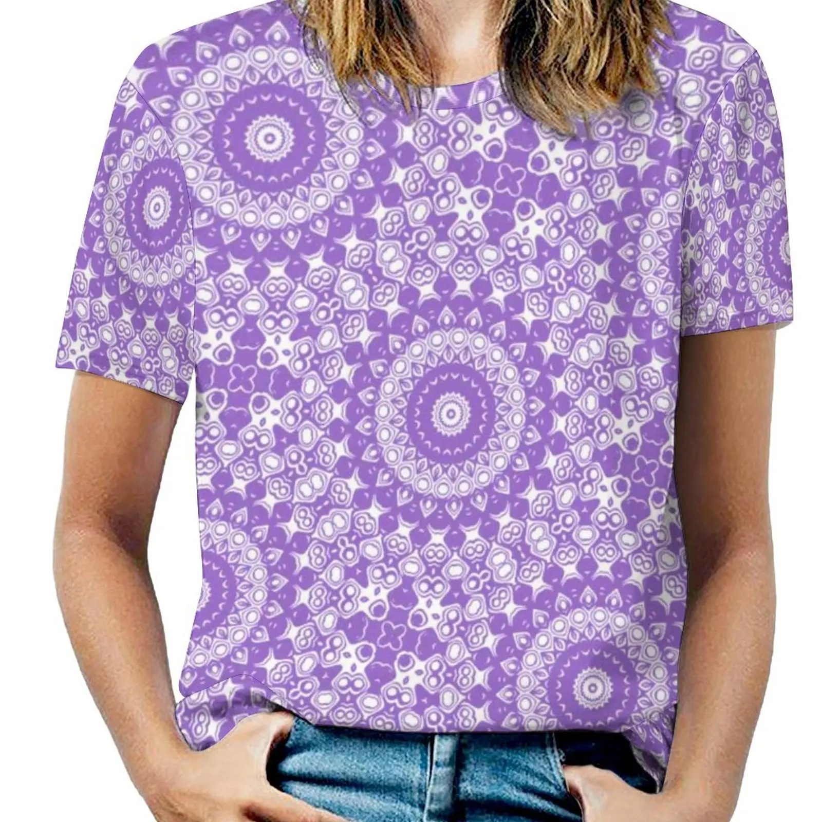 Amethyst Lavender Mandala T Shirt Purple And White Teal Floral Trendy T Shirts Short Sleeves Street Wear Tshirt Summer Clothes