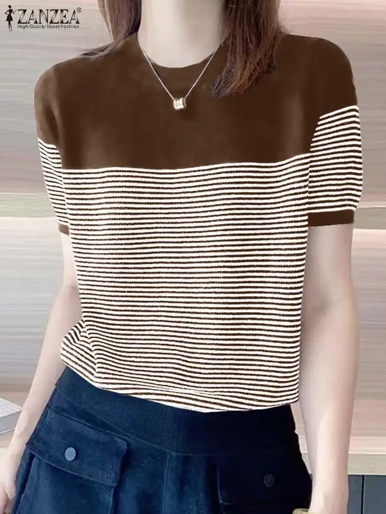 ZANZEA 2024 Casual Knitted Tops Women Summer T-Shirt Vintage Fashion Striped Short Sleeve Tee Korean Round Neck Patchwork Tunics