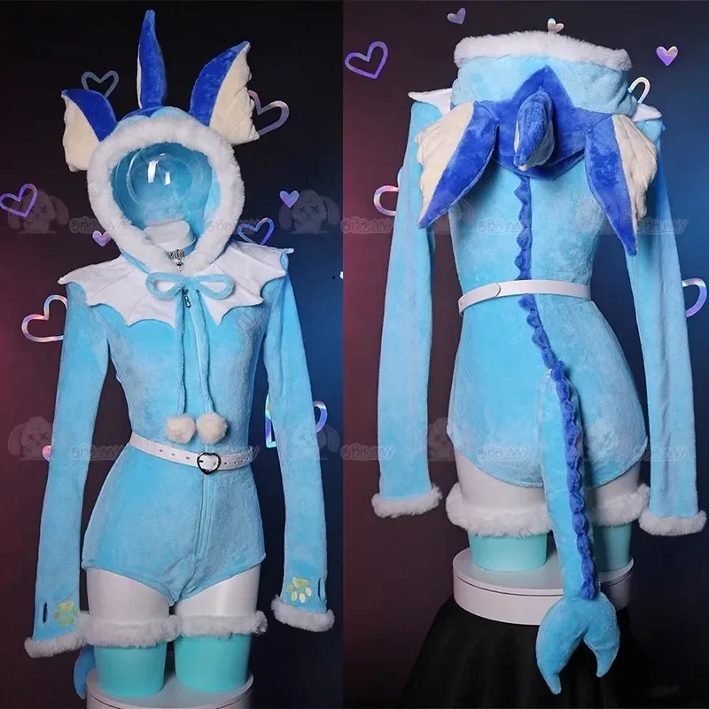 Sexy Vaporeon Cosplay Costume Flannel Hooded Bodysuit And Tail Socks Suit Bunny Kawaii Plush Pajamas Cute Jumpsuit Women Prop