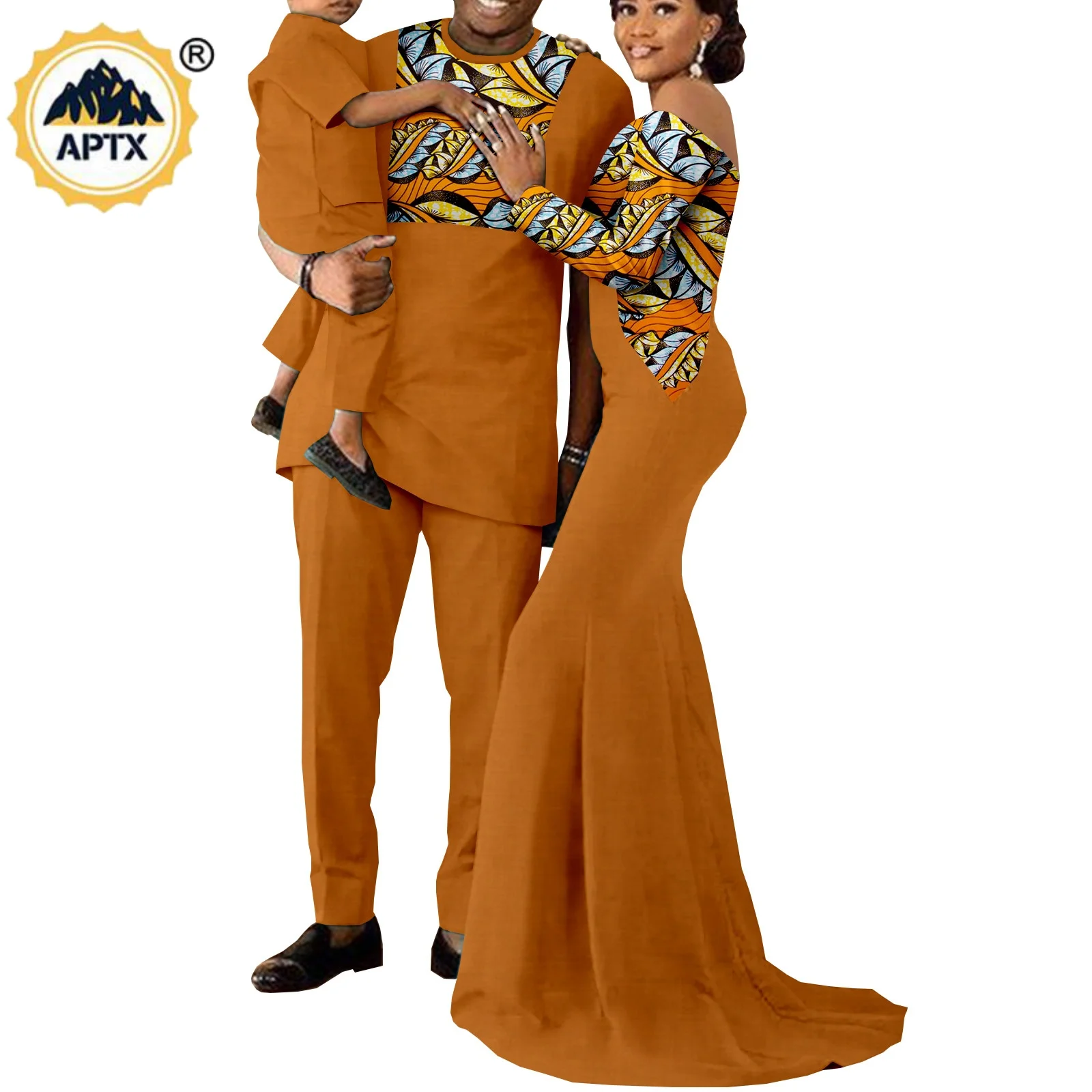

African Couples Clothing Dashiki Women Dresses Match Men Kids Top Pants Sets Family Clothes Ankara Style Wedding Suit Y22F002