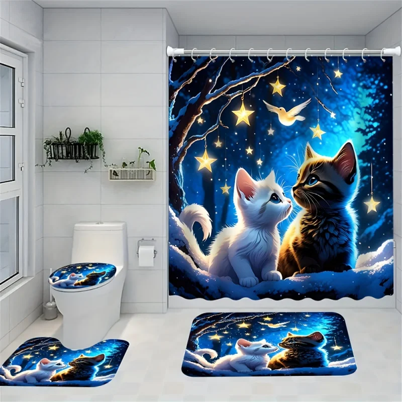 1/4pcs Cute Maine Coon Cat Shower Curtain Set, Artistic Polyester Bath Decor with Waterproof Curtain, Non-Slip Mat, Toilet Cover