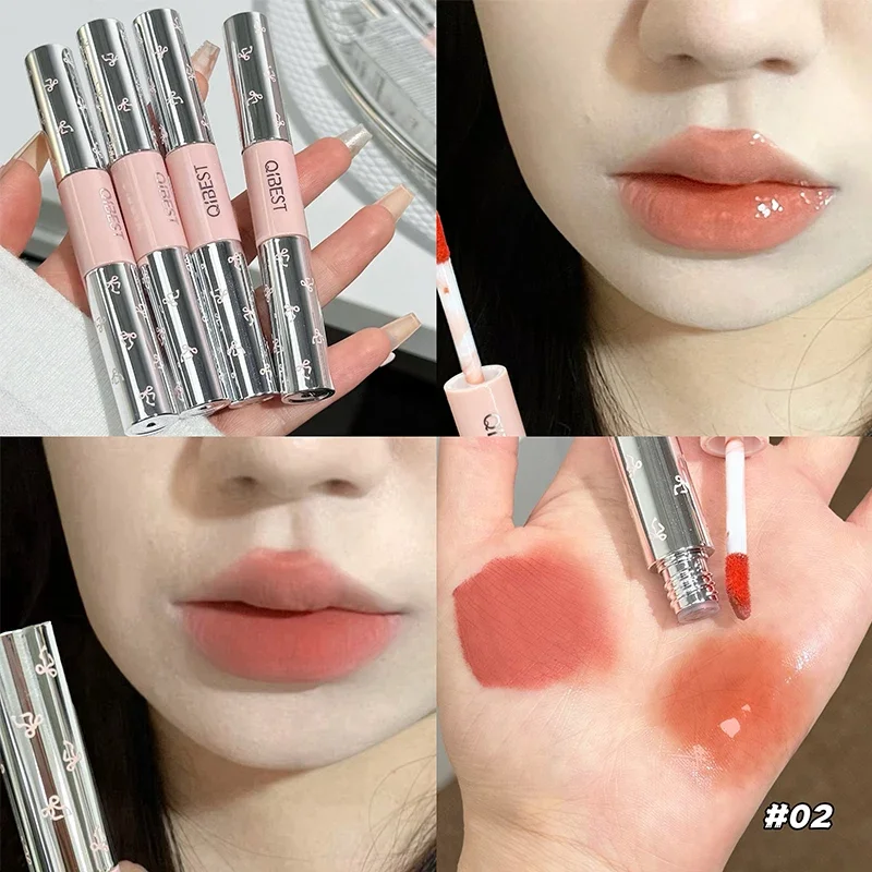 QIBEST esmalte de labios de doble punta duradero tinte rojo Sexy lápiz labial líquido espejo hidratante tinte de labios cosméticos coreanos ligeros