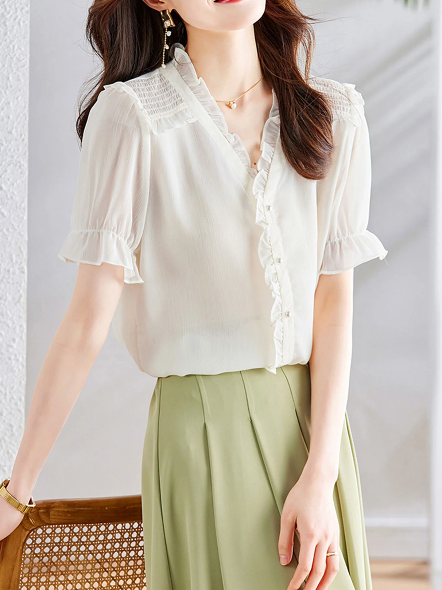 

Ele Lightweight Silk Chiffon ort Sve Button up Cardigan with Wood ain Design for Busin Commute in Summer