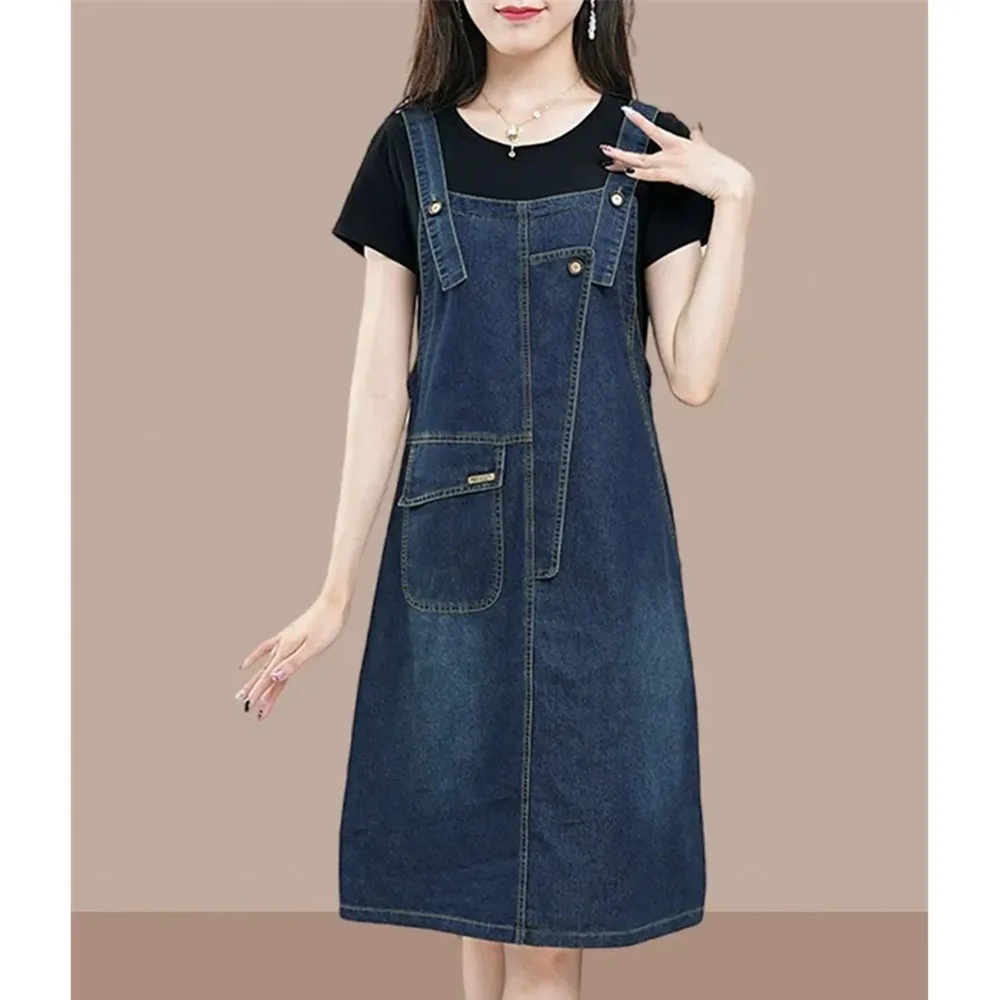 デニムストラップドレス女性 4XL 大きいサイズ新しい夏の韓国スタイルノースリーブジーンズドレスミディオーバーオールドレスカジュアルサンドレス