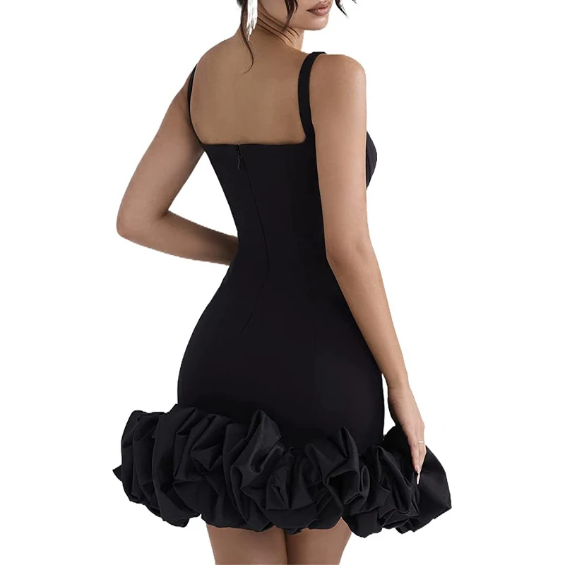 OMSJ Cocktail Party Elegant Solid Strap Sexy Square Collar Sleeveless Backless Ruffle Edge Wrapped Short Dress Women Chic Outfit