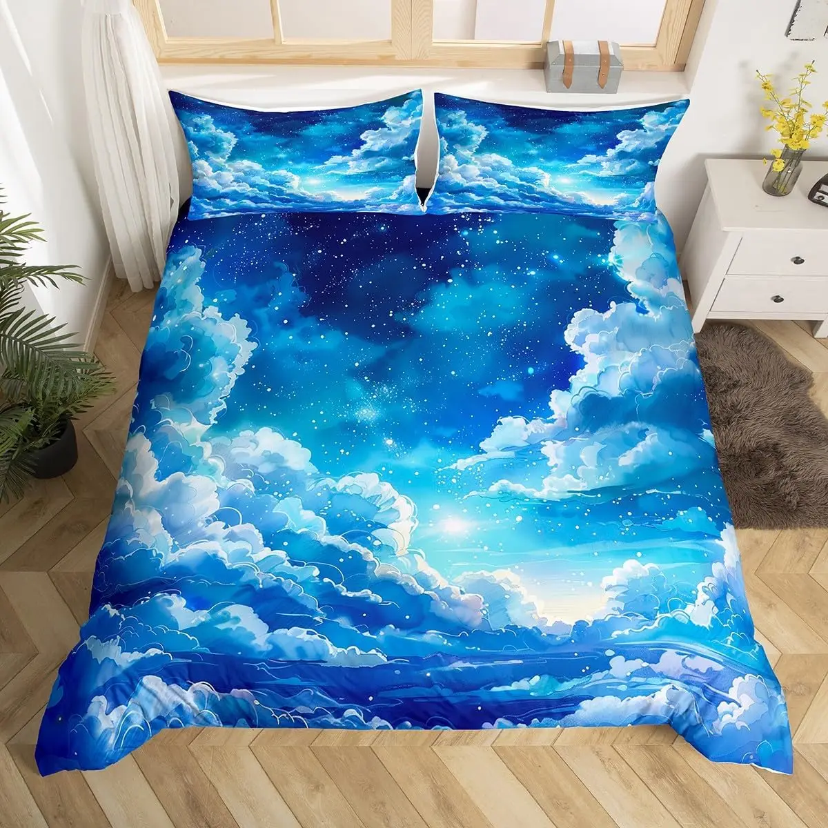 Set copripiumino cielo notturno blu Set biancheria da letto con stampa nuvole stelle luna per ragazzi adolescenti Ragazze Copripiumino Galaxy Shining Queen Size