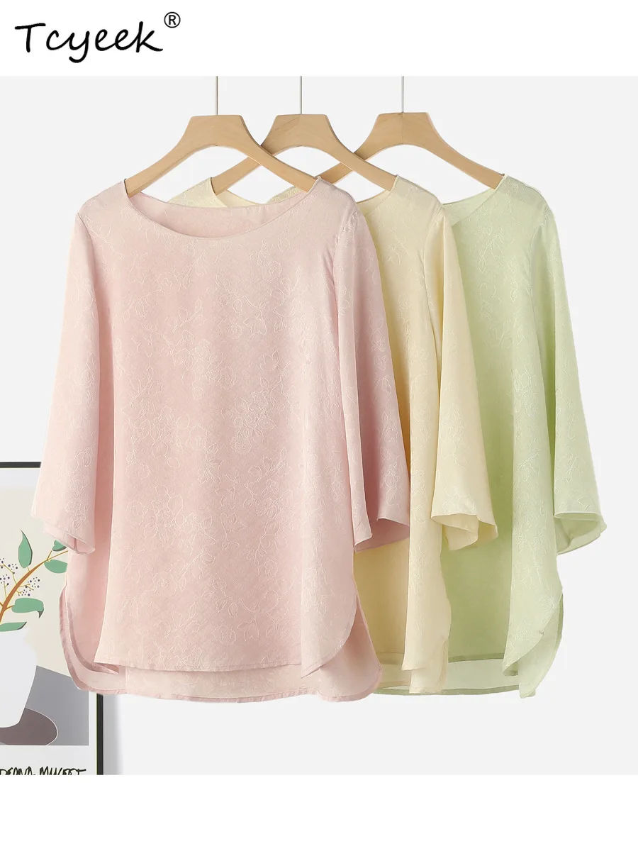 

Tcyeek, 22MM 100%Real Silk Elegant T-Shirt, Women 3/4 Sleeve O Neck Jacquard, Commute Retro Tops, 2024 Summer Autumn T47620QC
