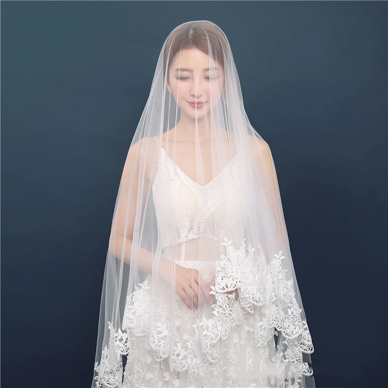 3M Long Veils Wedding Accessories Women Hairwear Engagement Hair Ornaments Appliqued Edge Double Layers Veil With Combs