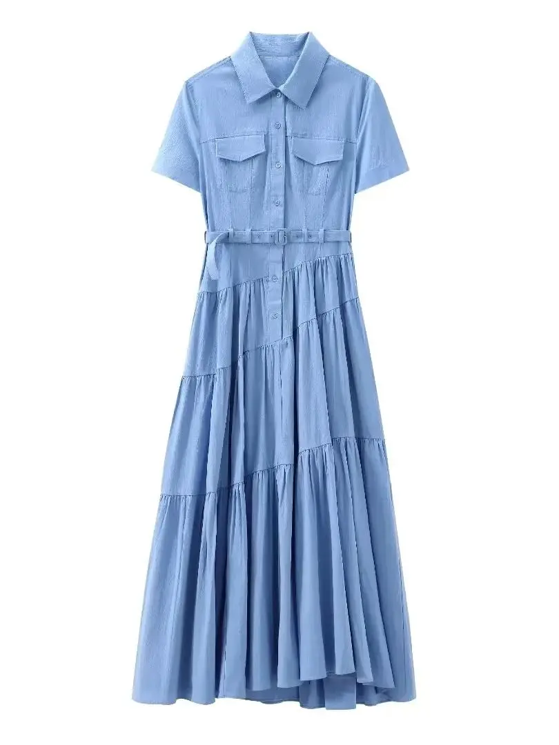 XNWMNZ 2024 Women's Fashion Belt Shirt Dress High Street Lapel Short Sleeve Front Button Asymmetric Hem Female Chic Long Dresses