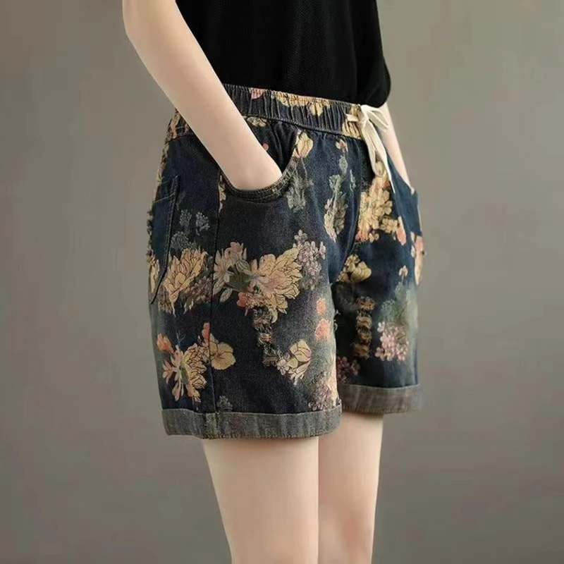 

Ethnic retro artistic style printed wide leg denim shorts summer new casual loose fit fashion versatile elastic waist jeans