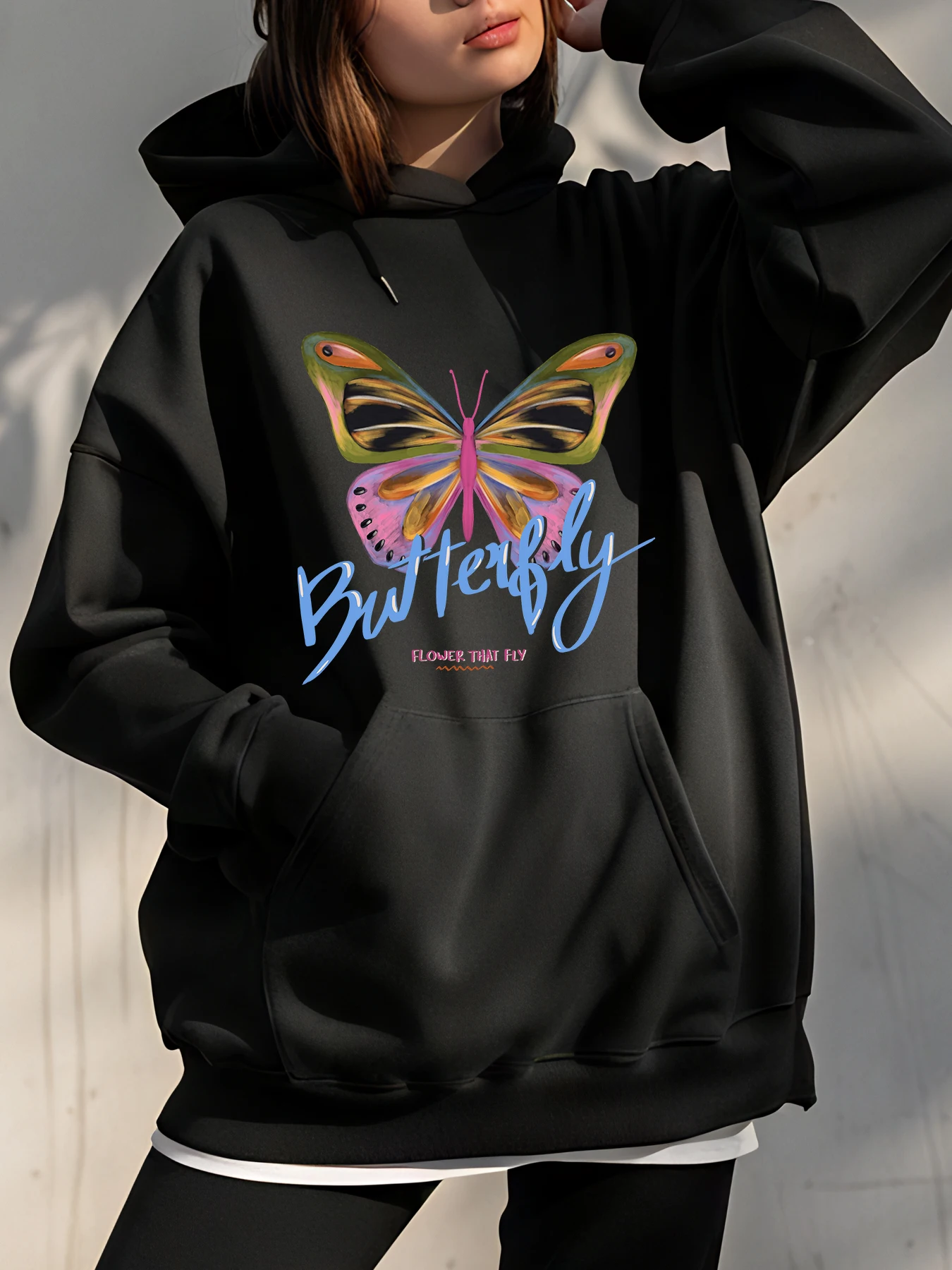 Butterfly Printed Hoodie Women Casual Streetwear Fashion Sweatshirt Autumn Winter Outfit Female Plus Size Pullover