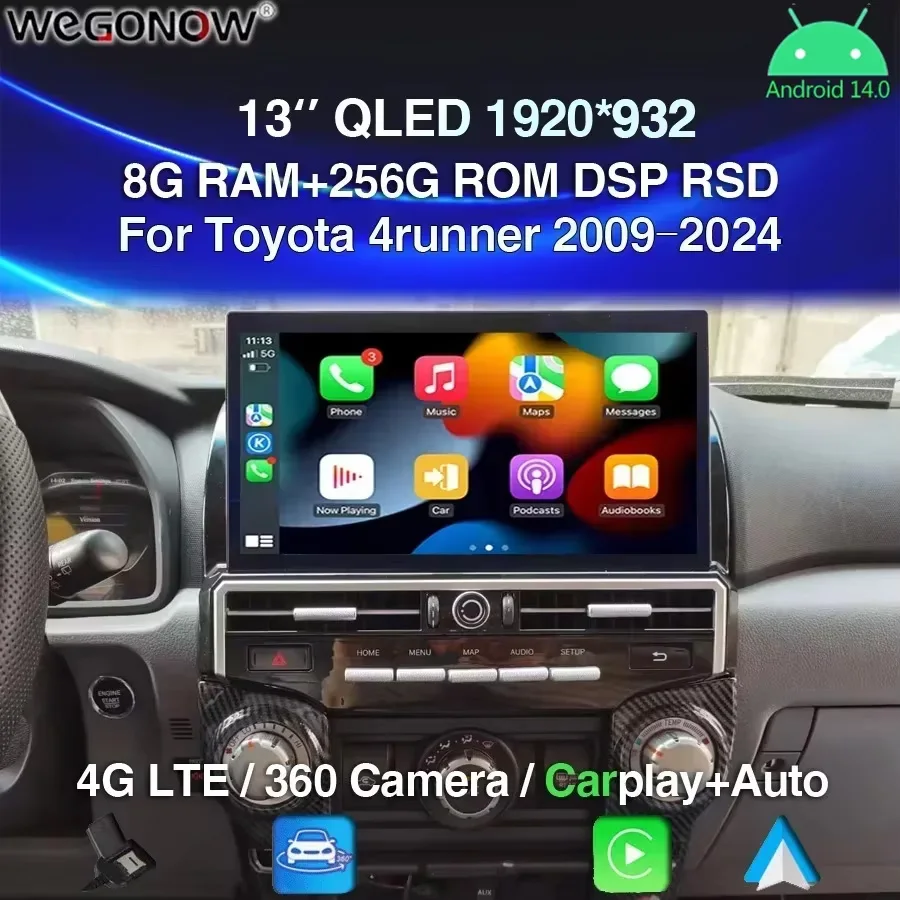 Lecteur DVD de voiture pour Toyota, Carplay, Radio stéréo, GPS, RDS, WiFi, 4G Permanence, DSP, 1920x932 QLED, 13 pouces, 8G + 256G, Android 14.0, Toyota 4 18-2009-2024