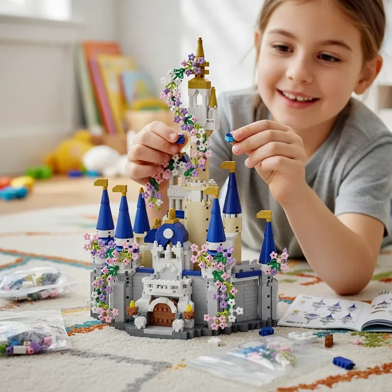 FUNXINEE 1477ピース マイクロブロック ブルーキャッスル クリエイティブ 3D おとぎ話の街並みモデル MOC クリスマスデコレーション キッズギフト