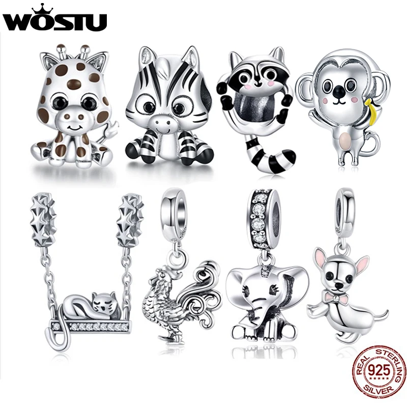 WOSTU 925 Sterling Silver Animal Charms Giraffe Zebra Unicorn Beads for Women Fit Original Bracelets Necklace DIY Jewelry Making