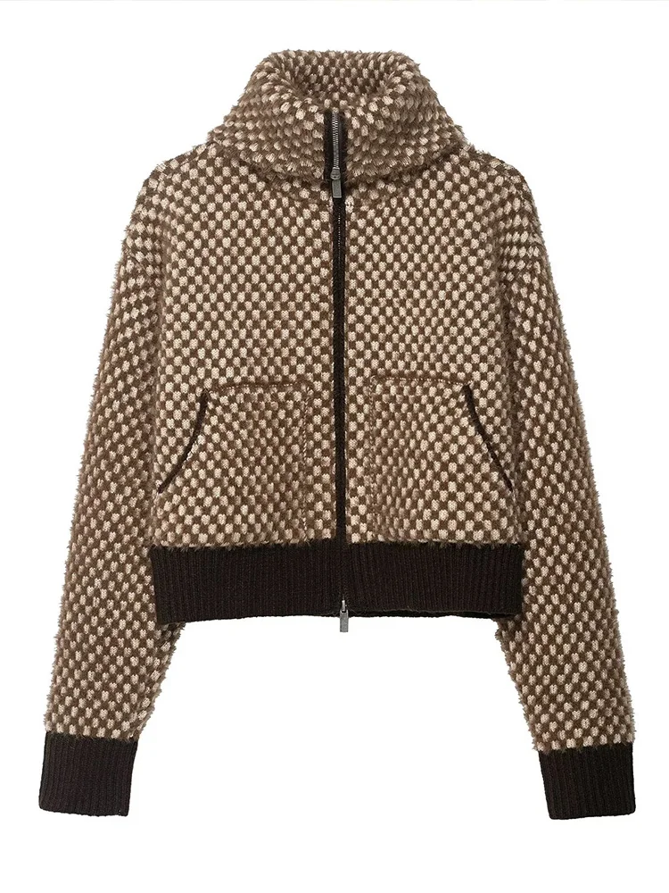 HH Women Elegant Lapel Long Sleeve Artificial Fur Effect Stitching Knitted Bomber Jacket Female Versatile Zipper Pocket Jacket