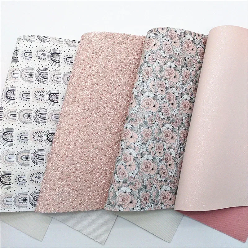 Pearls Beading Glitter Leather Flowers Rainbow Printed Synthetic Leather Vinyl Leather Sheets For Bows DIY Q649