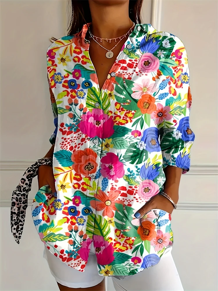 ผู้หญิงลําลองหลวมเสื้อดอกไม้พิมพ์เสื้อแขนยาวปุ่มลงเสื้อสํานักงานผู้หญิงปุ่มลงเสื้อ