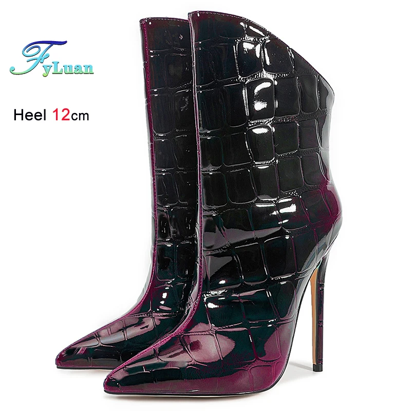 

Autumn Winter Black Purple Red Gradient Patent Leather Women's Ankle Boots Thin High Heels 12cm Pointed Toe Ladies Pumps Size 46