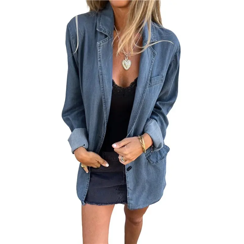 Camisa vaquera con botones para mujer, chaqueta vaquera holgada informal con solapa de manga larga-ABQU