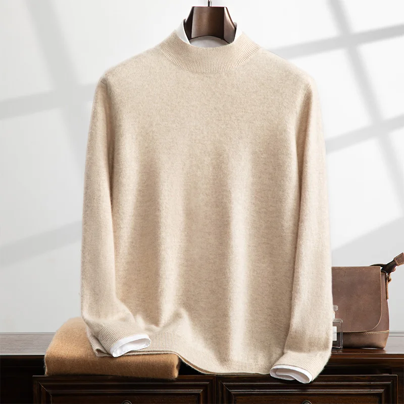 

100% Cashmere Men's Sweater Spring Autumn New Thin Top Knitted Half High Collar Pullover Solid Color Long Sleeve Bottom Shirt