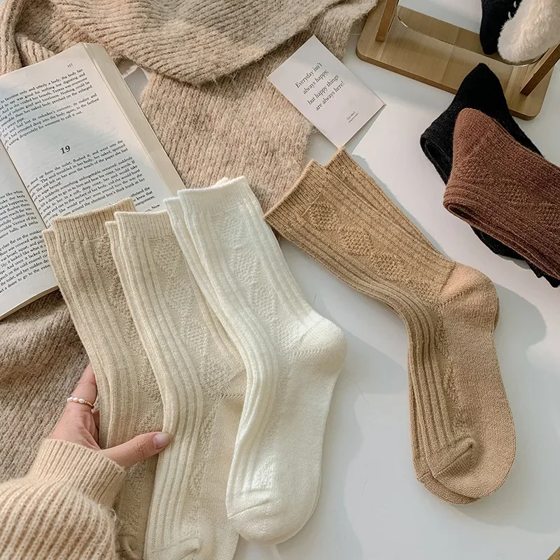 Autumn and Winter Diamond Check Wool Socks Coffee Color with Solid Color Women's Socks in The Tube Women's Warm Cotton Socks