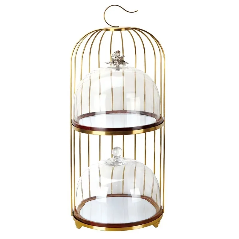 Deluxe Golden Birdcage Dessert Rack 2 Tier Cake Display Rack with Glass Dome