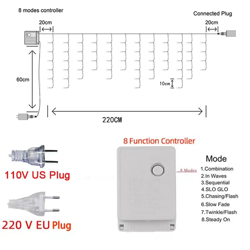 3M LED Curtain Icicle Light String Drooping 0.4-0.6M 220V Garden Courtyard Shop Curtain Light Outdoor Decoration Holiday Light.