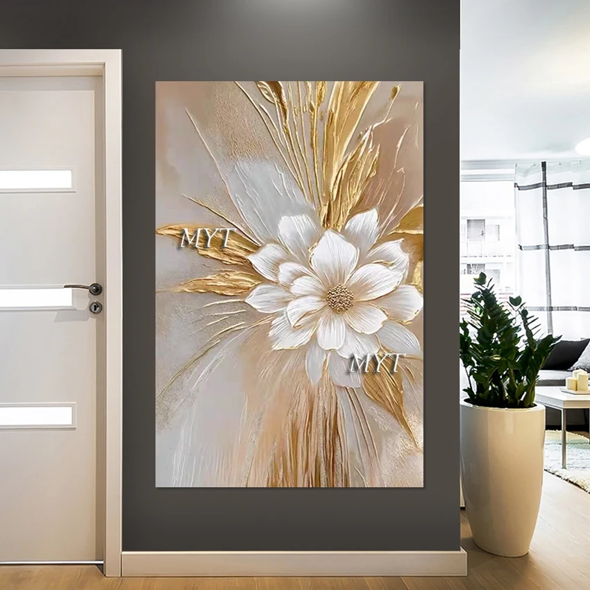 Abstract Handmade Frameless Design, Large Size Beautiful Flower Oil Paintings, Gold Foil Textured Art Wall, Decor Canvas Picture