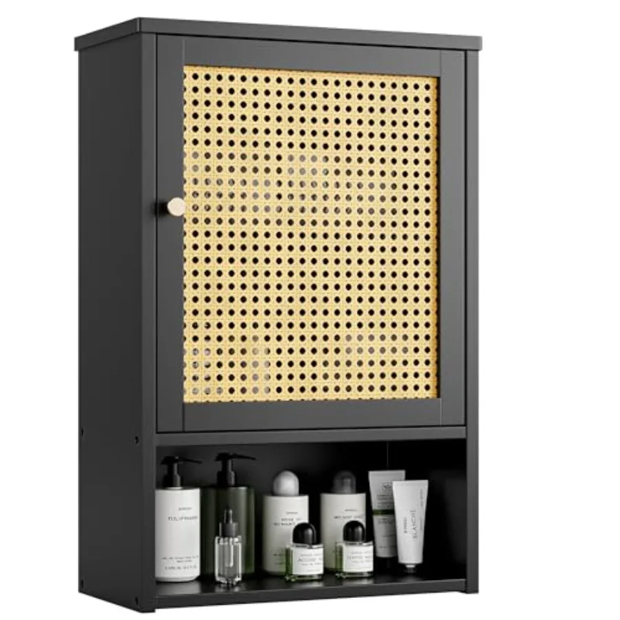 

Bathroom Wall Cabinet, Bamboo Over-The-Toilet Storage Organizer with Rattan Doors and Adjustable Shelf, Space Saver Medicine Ca
