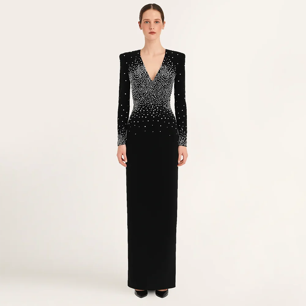 Proste czarne sukienki wieczorowe z dekoltem w serek, długie, z kryształami, w kształcie litery A, suknie balowe szyte na miarę, długość do kostek, sukienki na przyjęcie, model 2026.