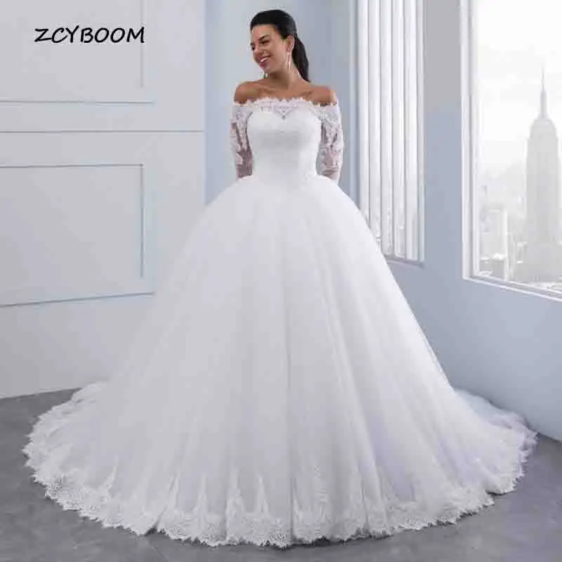 Vestido de novia de manga larga, blanco, con hombros descubiertos, apliques brillantes con cuentas, 2023