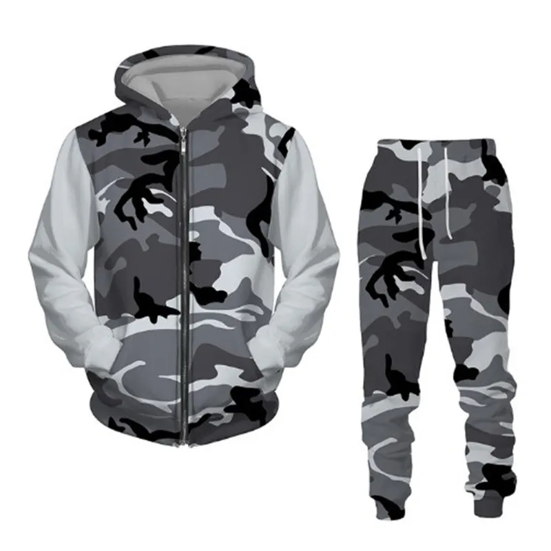 Men Hoodie Sets 3D Camouflage Printed Zip Hoodie + Pants Suit Cool Men 2 Pcs Sportwear Tracksuit Set  Autumn Men\'s Clothing