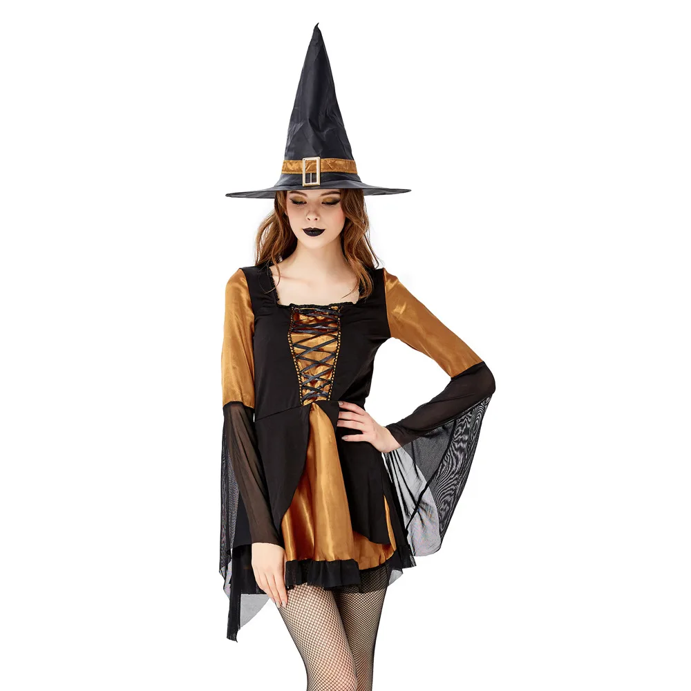 Costume de sorcière Orange pour femme, robe courte de carnaval, pour Halloween, fête de vacances, pour adulte