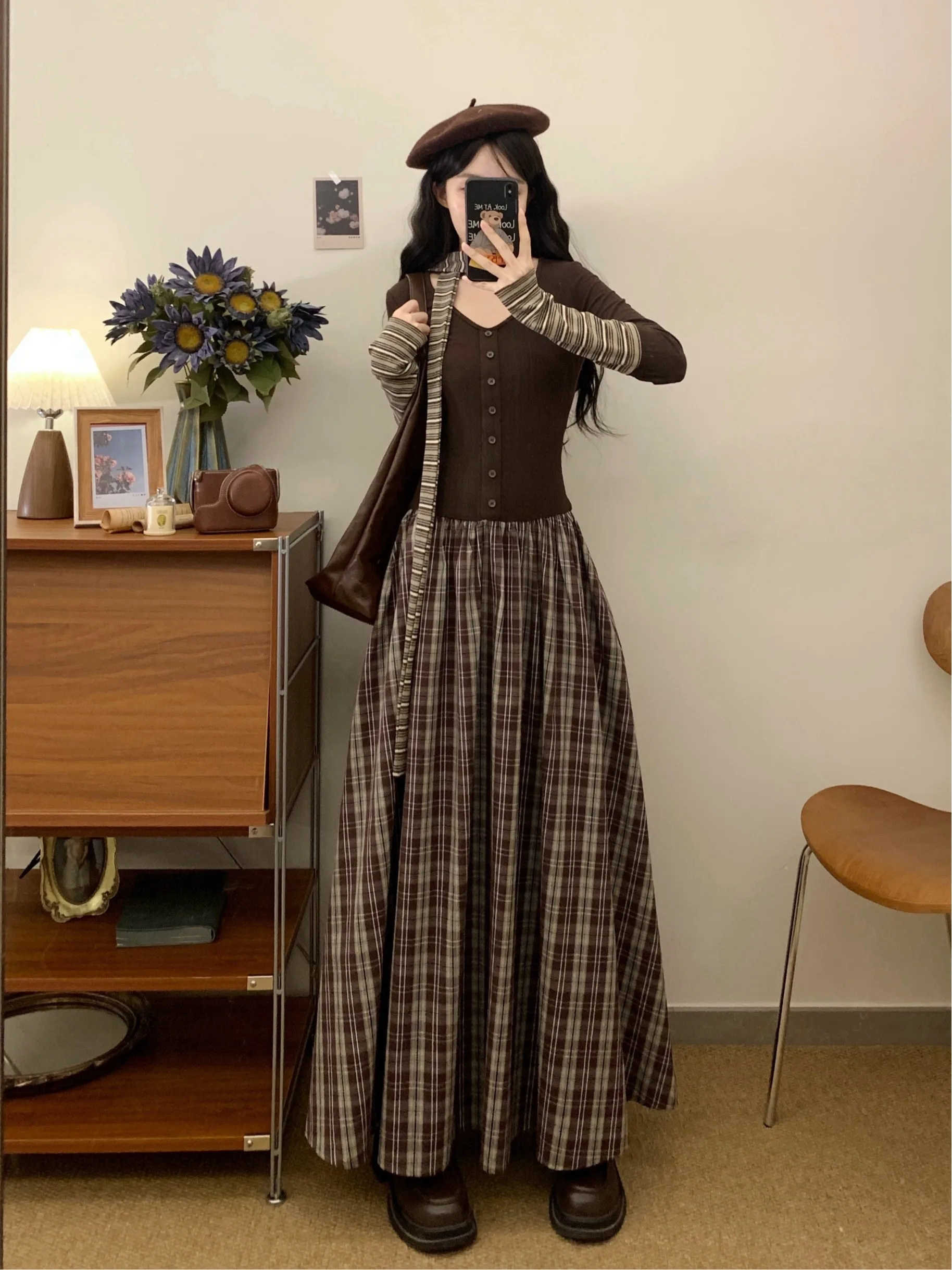 

plus Size Plaid A-Line Long Dress Waist-Cinching Slimming Design Korean Style Commute Fashion Autumn New Arrival Casual Wear