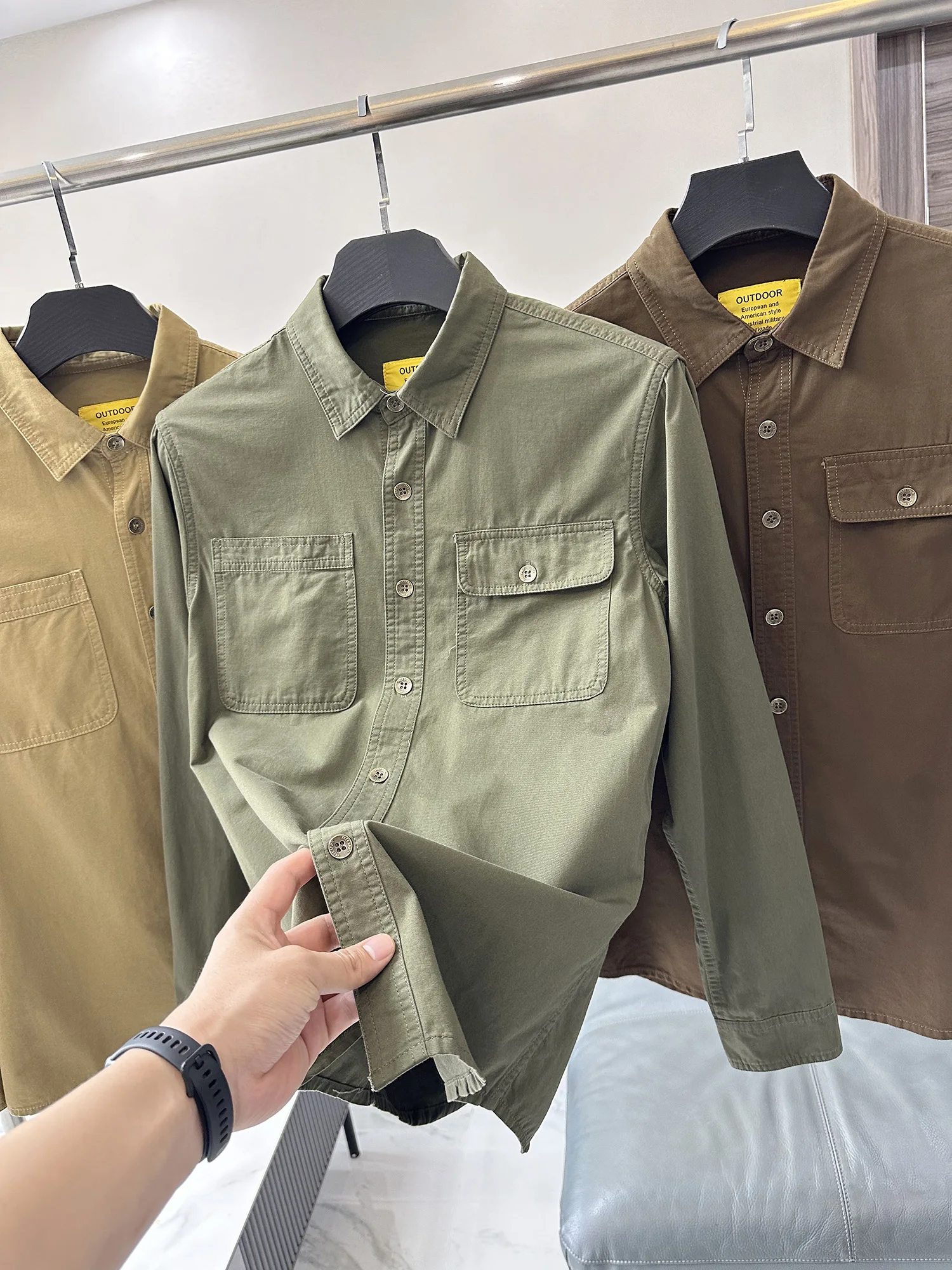 American Retro Workwear Shirt Men's Spring Autumn Flip Collar Multi Pocket Loose Casual Breathable Shirt Jacket