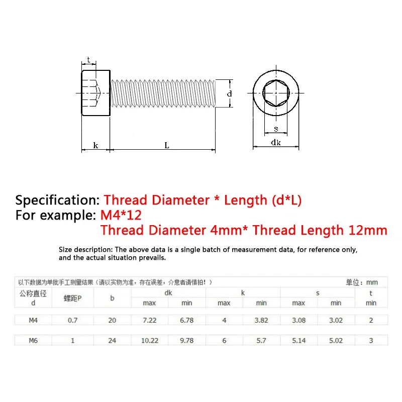 10pcs M3 M4 M6*6/8/12 / 16/20 304 stainless steel hexagon socket screw cup head extension hexagon socket head full thread bolt