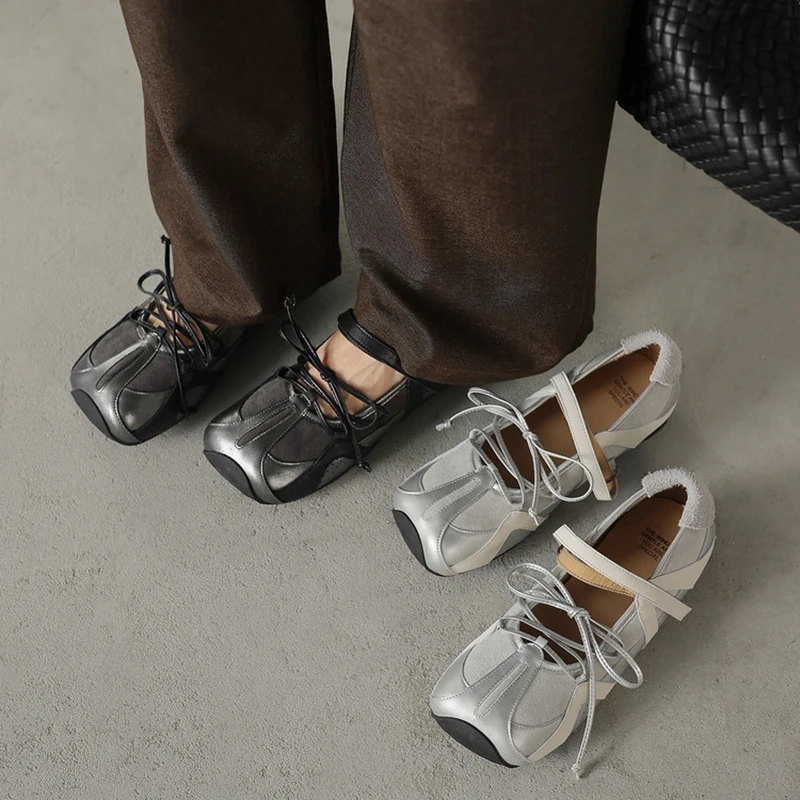 Women's new spring and autumn leather cowhide lace up square toe belt buckle low heel casual sports single shoe