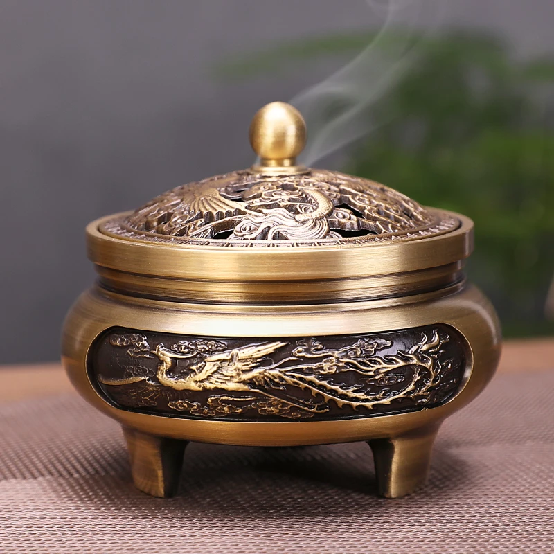 Pure copper sandalwood incense burner Household indoor large three-legged incense plate incense burner incense burner decoration