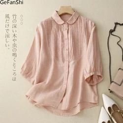 2024 Spring Summer Solid Brief Fasion Cotton Linen Blouse Shirt Button Elegant Office Ladies Women Casual Loose Tops Blusas