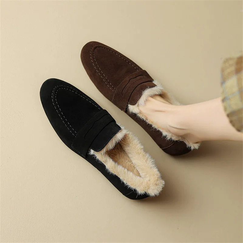 

New Autumn Winter Sheep Suede Women Shoes Fashion Retro Round Toe Shoes for Women Low Heel Warm Women Pumps Slip-on Loafers