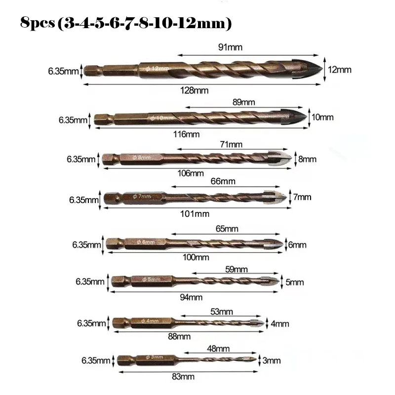 JUSTINLAU 3-12mm Cross Hex Tile Drill Bits Set for Glass Ceramic Concrete Hole Opener Brick Hard Alloy Triangle Bit Tool Kit