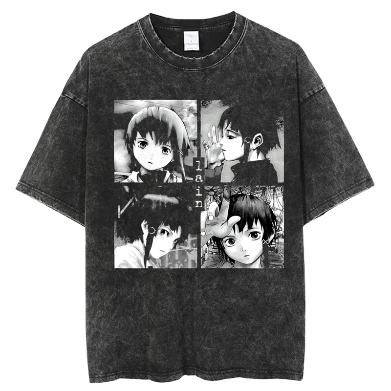 Japanese Anime Serial Experiments Lain Vintage Washed T Shirt Summer  Men Women T Shirt Cotton Harajuku Casual Short Sleeve Tees