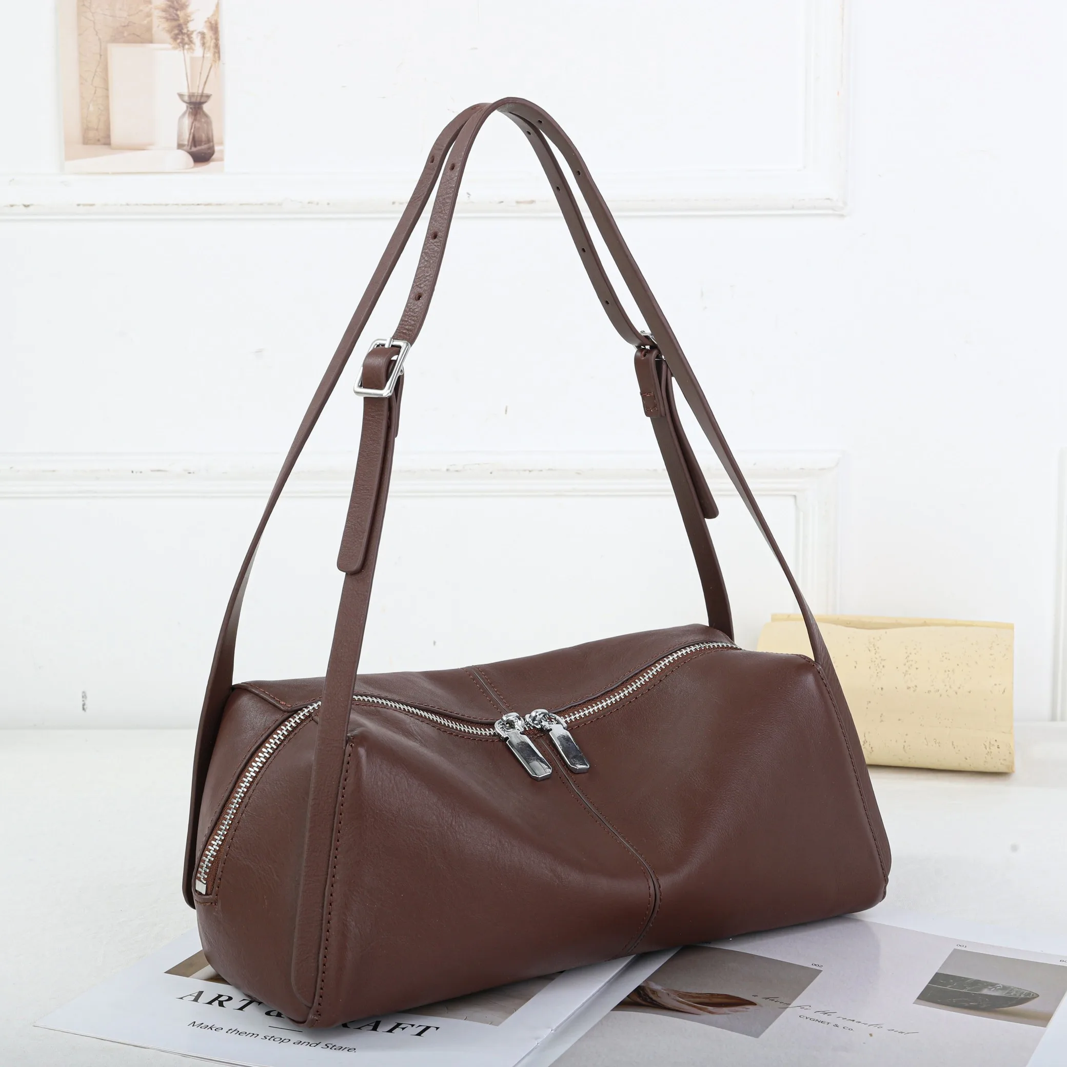 

Genuine Leather Women's Shoulder Bowling Bags Luxury Designer Ladies Boston Bag for Woman Large Capacity Underarm Bag Purse 2026