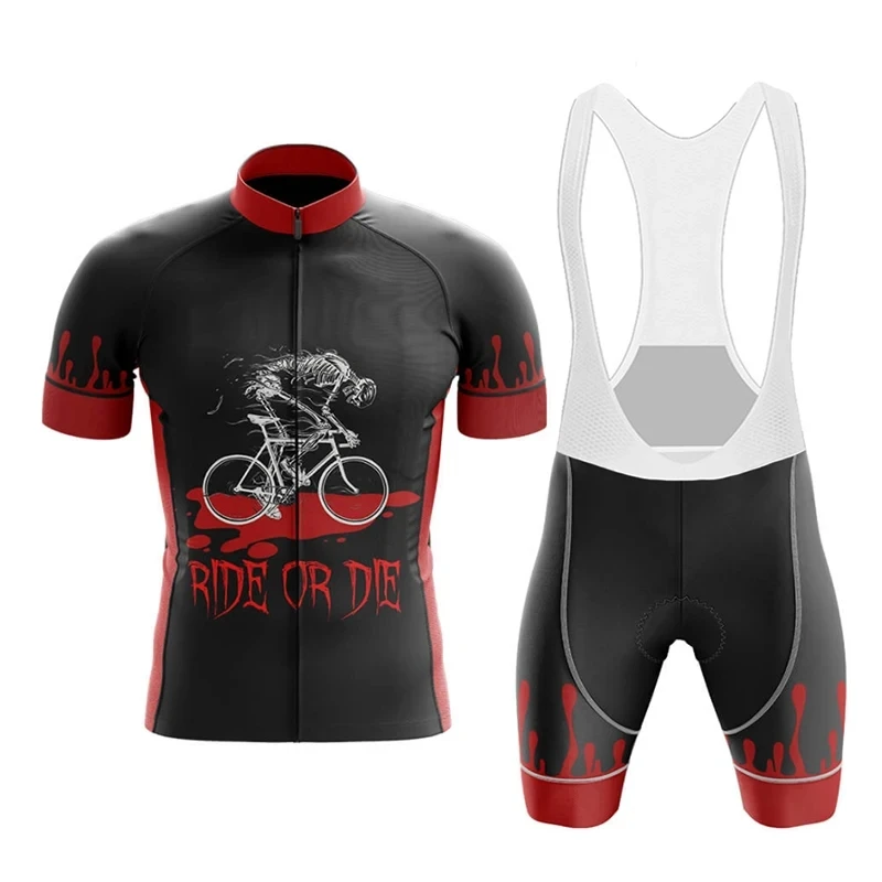 Black Cycling Apparel Set for Men, Short Sleeve Knit with Skull Pattern, Mountain Bike Uniform, Summer Jersey