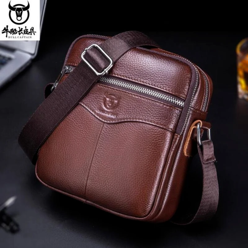 BULLCAPTAIN-Bolso de hombro de piel auténtica para hombre, bandolera informal, pequeña, con doble cremallera, 100%