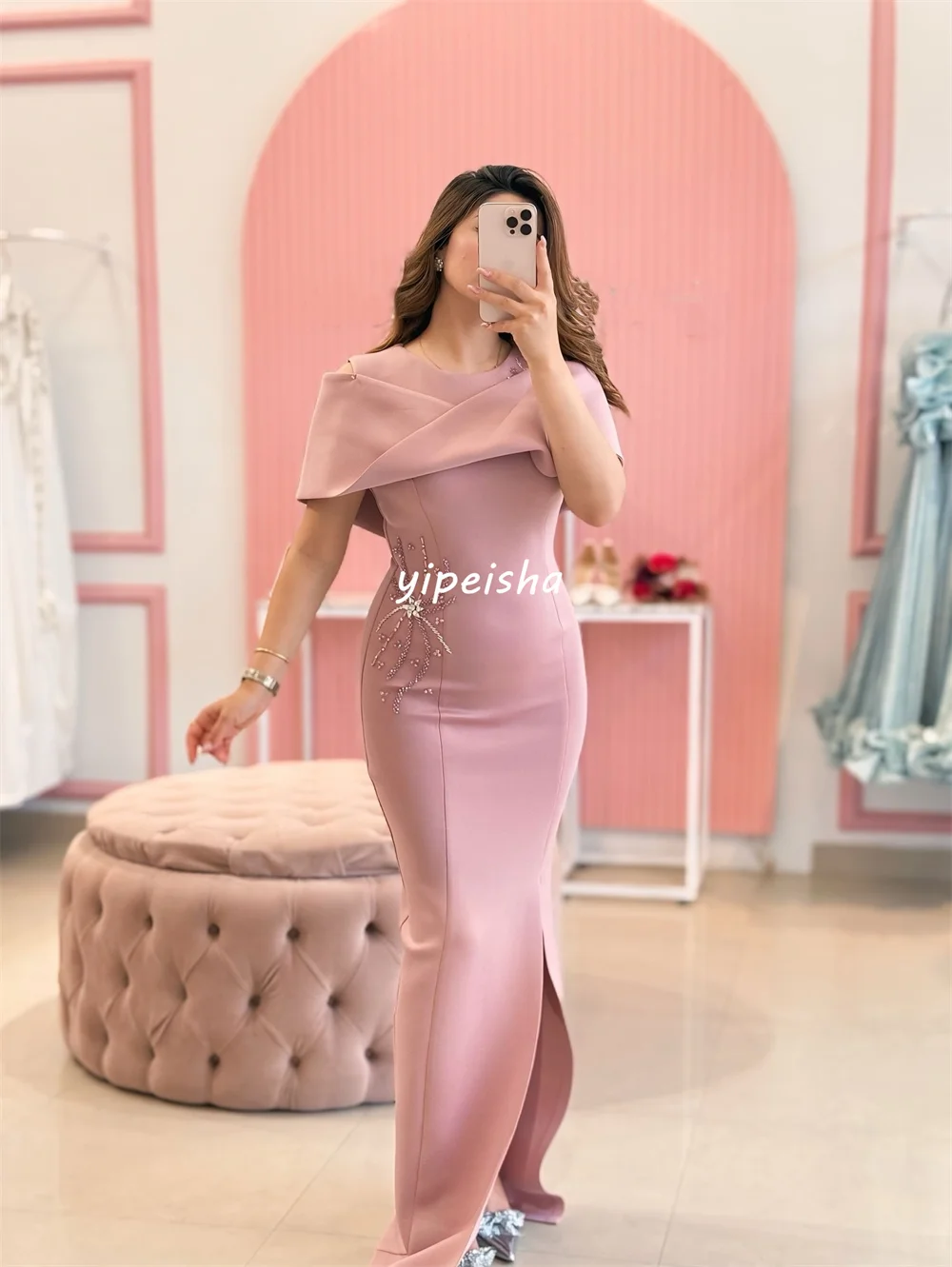 カスタムメイドの高品質ファッションジャージーラインストーンプリーツコラムオフショルダーロングドレス、オーダーメイドのオケージョンドレス、クラシック