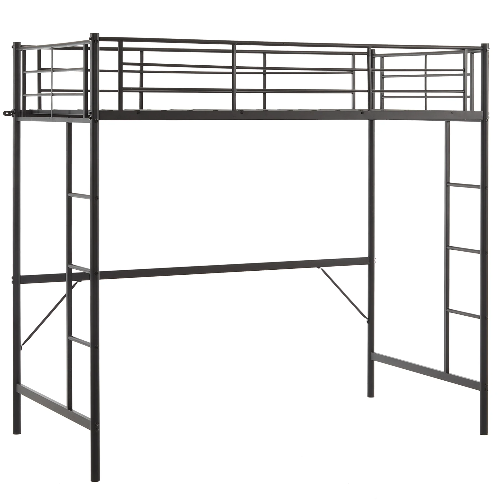 Twin Size Metal Loft Bed with Safety Guardrails & 2 Built-in Ladders, Loft Bunk Bed Frame for Teens Juniors Adults