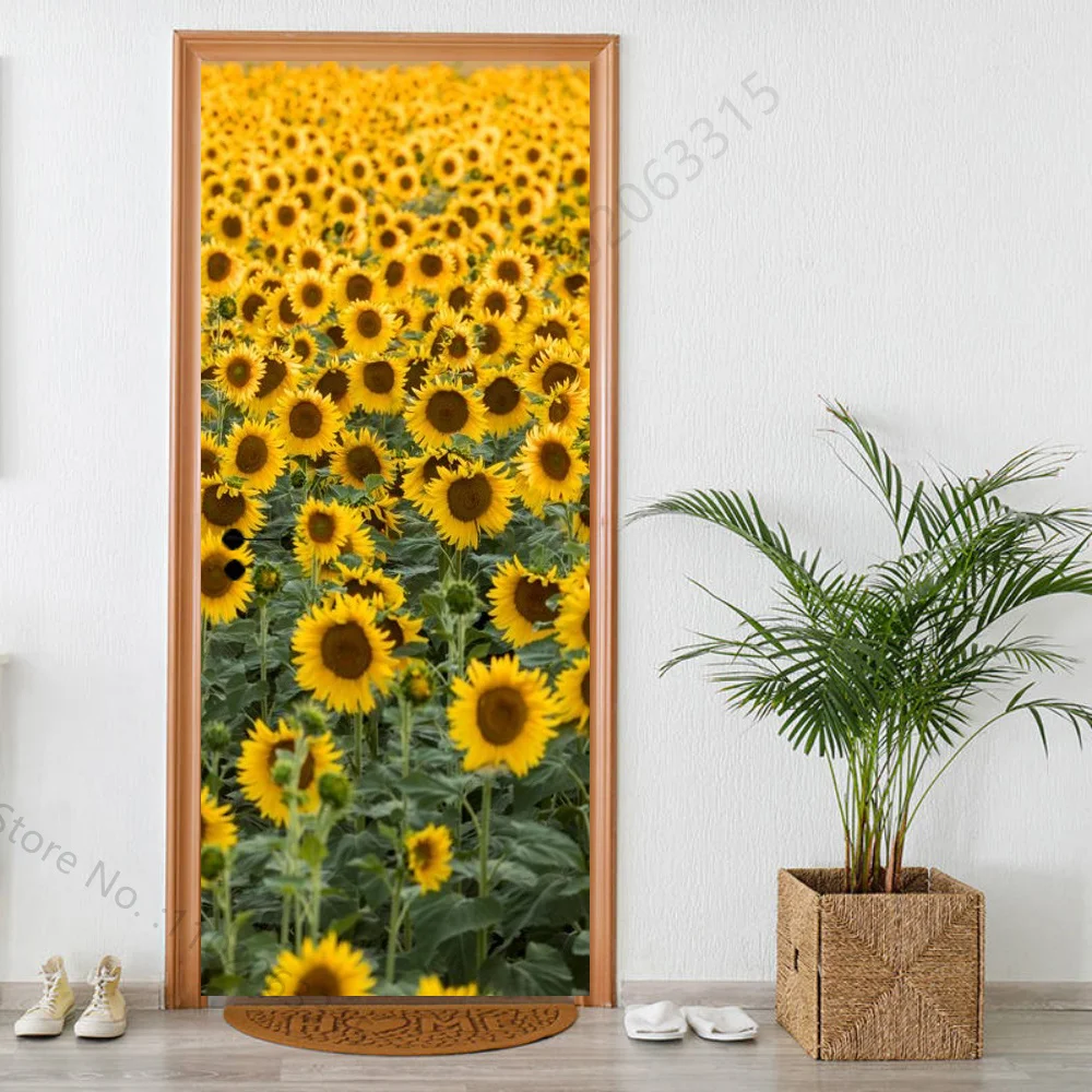 3D Door Sticker Wallpaper Self-adhesive Purple Flowers Landscape Door Decal Mural for Bedroom Bathroom Vinyl Poster Home Decor